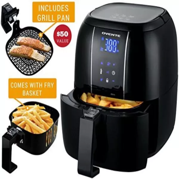 Ovente 3.2 Qt. Black Air Fryer Grill Pan and Non-Stick Frying Basket Auto Shut-Off 6 Cooking Presets Touch Sensor