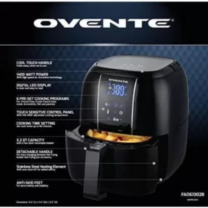 Ovente 3.2 Qt. Black Air Fryer Grill Pan and Non-Stick Frying Basket Auto Shut-Off 6 Cooking Presets Touch Sensor