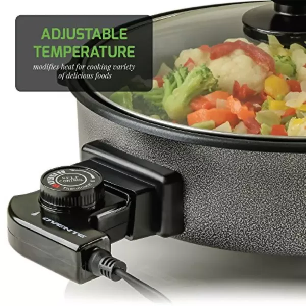 Ovente 12 In. Black Non Stick Electric Skillet Aluminum Body and Tempered Glass Lid, Removable Temperature Knob