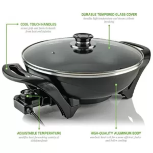 Ovente 13 In. Black Non-Stick Electric Skillet with Aluminum Body Adjustable Temperature Controller Tempered Glass Cover