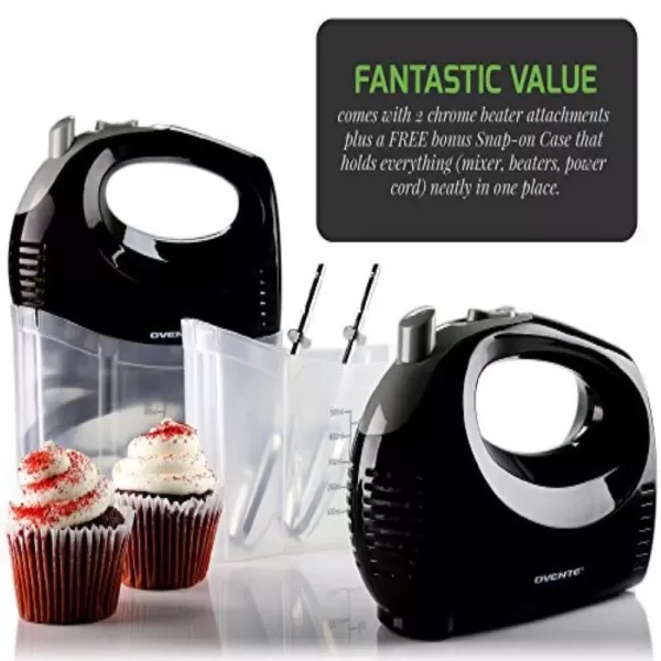 Ovente 5-Speed Ultra Power Hand Mixer with Free Storage Case, Black