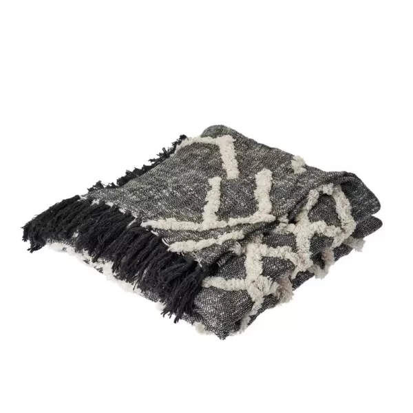 LR Home Contemporary Black / White Cotton Over Tufted Geometric Throw Blanket