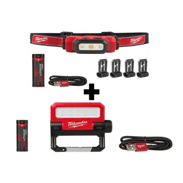 Milwaukee 475 Lumens LED Rechargeable Hard Hat Headlamp and 550 Lumens LED Rechargeable Pivoting Flood Light (2-Pack)