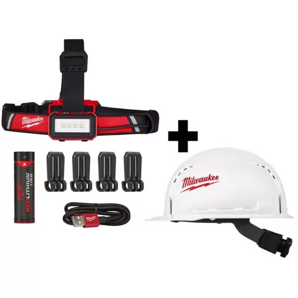 Milwaukee 600 Lumens LED USB Rechargeable Low-Profile Hard Hat Headlamp w/BOLT White Type 1 Class C Front Brim Vented Hard Hat