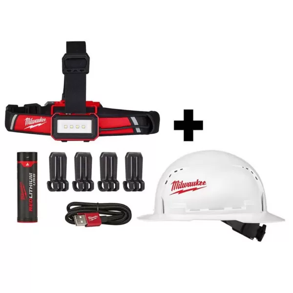 Milwaukee 600 Lumens LED USB Rechargeable Low-Profile Hard Hat Headlamp w/BOLT White Type 1 Class C Full Brim Vented Hard Hat