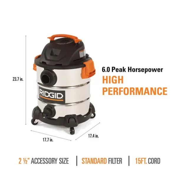 RIDGID 10 Gal. 6.0-Peak HP Stainless Steel Wet/Dry Shop Vacuum with Filter, Dust Bags, Hose and Accessories