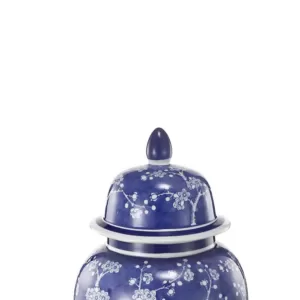 Benjara 1-Piece Ceramic Flowers Designed Ginger Jar in Blue and White