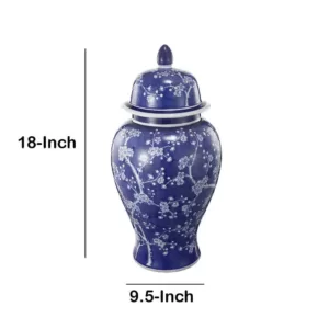 Benjara 1-Piece Ceramic Flowers Designed Ginger Jar in Blue and White