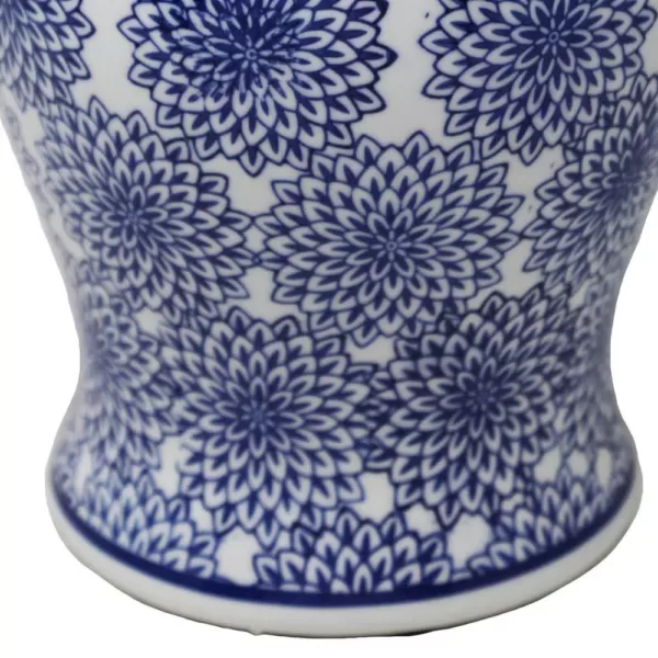 Benjara Blue and White Ceramic Temple Jar with Covered Top Lid