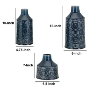 Benjara Glazed Blue Ceramic Floral Vases (Set of 3)