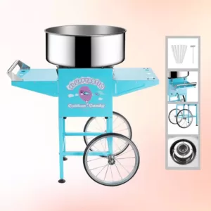 Great Northern Blue Cotton Candy Machine and Cart- Flufftastic Floss Maker- Stainless Steel Pan, 2 Side Trays & 13 in. Wheels