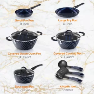 NutriChef Elegant Diamond 11-Piece Aluminum Nonstick Cookware Set in Blue