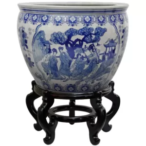 Oriental Furniture Oriental Furniture 16 in. Ladies Blue and White Porcelain Fishbowl