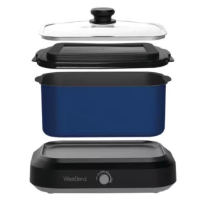 West Bend 6 qt. Blue Non-Stick Versatility Slow Cooker with 5-Temperature Settings Includes Travel Lid and Thermal Tote