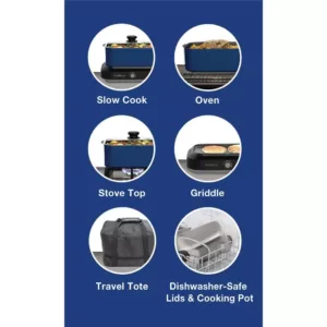 West Bend 6 qt. Blue Non-Stick Versatility Slow Cooker with 5-Temperature Settings Includes Travel Lid and Thermal Tote