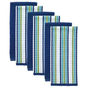 RITZ T-Fal Cool/Blue Solid and Stripe Cotton Waffle Terry Kitchen Dish Towel (Set of 6)