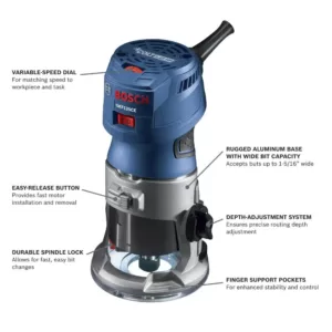 Bosch 1.25 HP Variable Speed Palm Router Combo Kit w/LED lighting