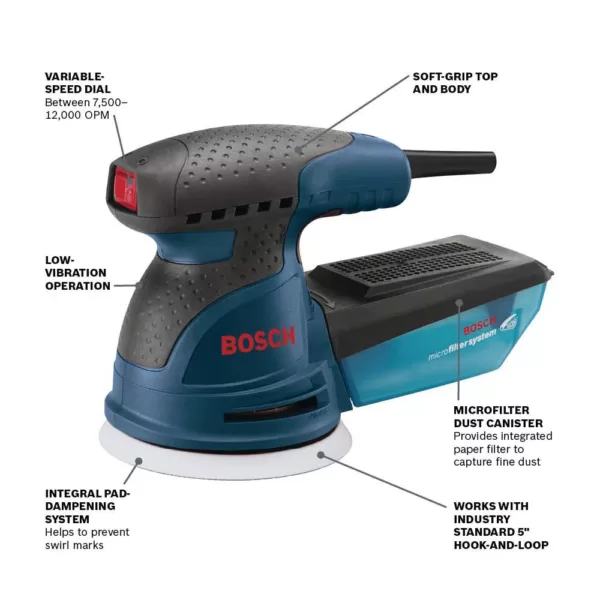 Bosch 2.5 Amp 5 in. Corded Variable Speed Random Orbital Sander/Polisher Kit with Carrying Bag