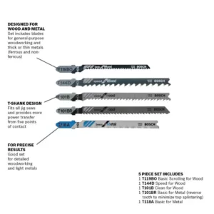 Bosch Multi-Purpose Steel T-Shank Jig Saw Blade Set for Cutting Wood and Metal (5-Pack)