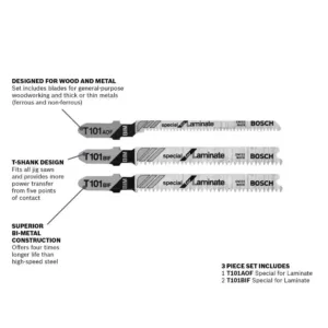 Bosch Laminate Flooring Bi-Metal Jig Saw Blade Assortment for Cutting Laminated Materials and Plywood (3-Pack)