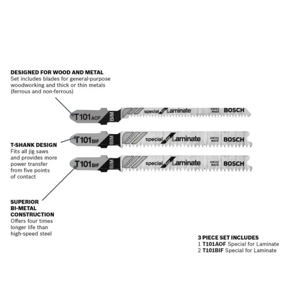Bosch Laminate Flooring Bi-Metal Jig Saw Blade Assortment for Cutting Laminated Materials and Plywood (3-Pack)