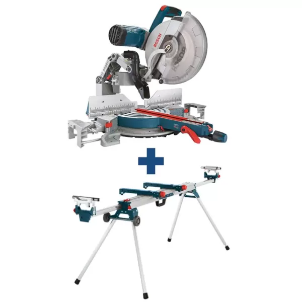 Bosch 15 Amp 12 in. Corded Dual-Bevel Sliding Glide Miter Saw with 60 Tooth Saw Blade and Bonus 32-1/2 in. Portable Stand