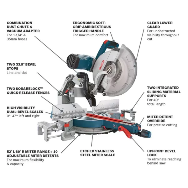 Bosch 15 Amp 12 in. Corded Dual-Bevel Sliding Glide Miter Saw with 60 Tooth Saw Blade and Bonus 32-1/2 in. Portable Stand