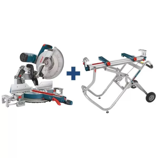 Bosch 15 Amp 12 in. Corded Dual-Bevel Sliding Glide Miter Saw Combo Kit with Bonus Gravity Rise Wheeled Miter Saw Stand