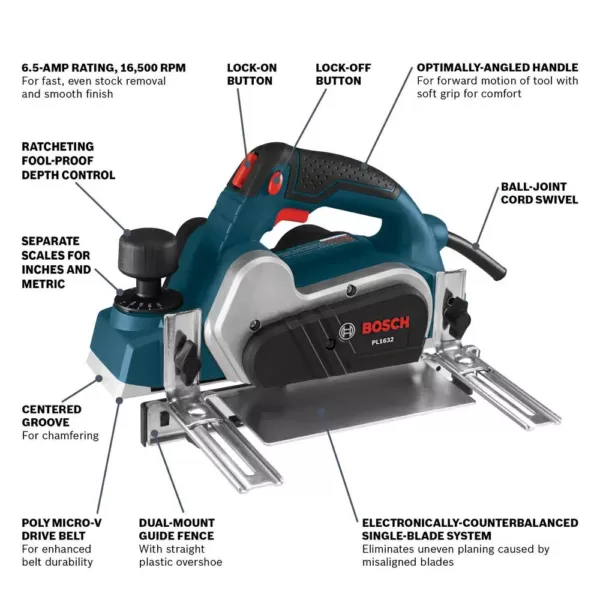 Bosch 6.5 Amp 3-1/4 in. Corded Planer Kit with Reversible Woodrazor Micrograin Carbide Blade