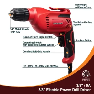 Boyel Living 5 Amp Corded 3/8 in. Red Power Drill Driver Reversible with  Lock-on Button