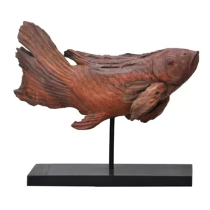 A & B Home Brown Dragon Koi Teak Wood Sculpture