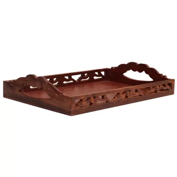 Benzara Carved Brown Wooden Serving Tray with Handles