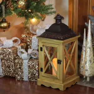 Gerson 17.5 in. Rustic Wooden Lantern with Brown Metal Top and LED Flameless Pillar Candle with Timer