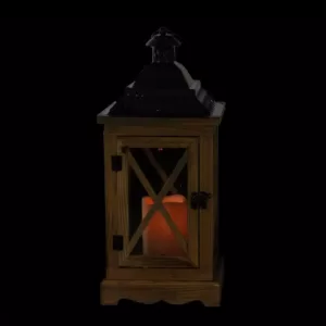 Gerson 17.5 in. Rustic Wooden Lantern with Brown Metal Top and LED Flameless Pillar Candle with Timer