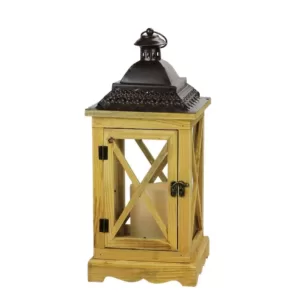 Gerson 17.5 in. Rustic Wooden Lantern with Brown Metal Top and LED Flameless Pillar Candle with Timer