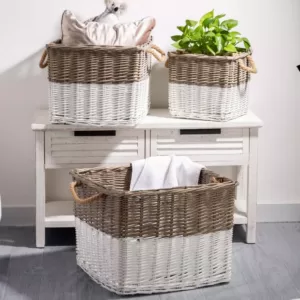 Glitzhome Natural/White Square Wicker Baskets (Set of 3)