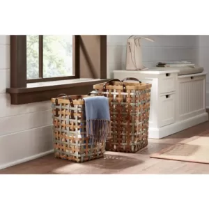 Home Decorators Collection Home Decorators Collection Square Galvanized Metal and Natural Bamboo Woven Decorative Basket with Handles (Set of 2)