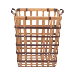 Home Decorators Collection Square Natural Bamboo and Leather Decorative Basket with Leather Handles