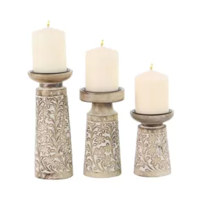 LITTON LANE Brown Iron and Wood Candle Holders with White Accents (Set of 3)