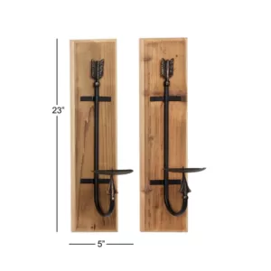 LITTON LANE Rectangular Industrial Black Metal and Natural Wood Wall Sconces, Set of 2