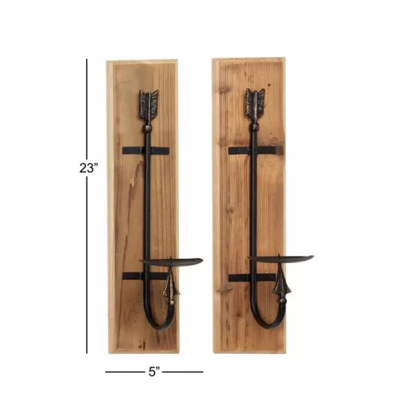 LITTON LANE Rectangular Industrial Black Metal and Natural Wood Wall Sconces, Set of 2