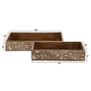 LITTON LANE Walnut Brown Vine and Leaf Decorative Trays (Set of 2)