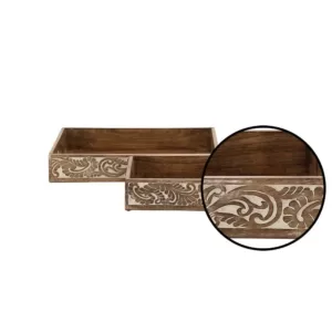 LITTON LANE Walnut Brown Vine and Leaf Decorative Trays (Set of 2)