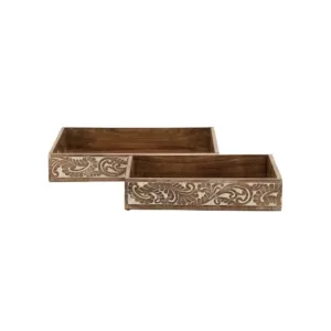 LITTON LANE Walnut Brown Vine and Leaf Decorative Trays (Set of 2)