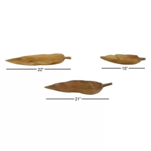 LITTON LANE Large Rustic Leaf-Shaped Natural Teak Wood Serving Trays (Set of 3)