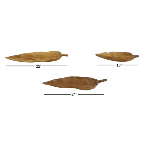 LITTON LANE Large Rustic Leaf-Shaped Natural Teak Wood Serving Trays (Set of 3)