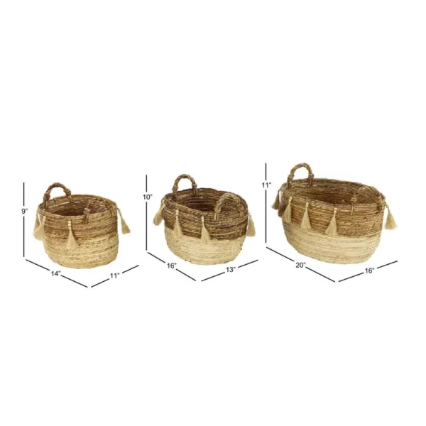 LITTON LANE Oval Silk Wood and Banana Leaf Storage Wicker Baskets with Handles (Set of 3)