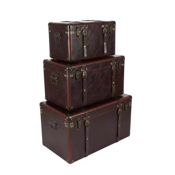 LITTON LANE Globetrotter Wood and Matte Brown Leather Case (Set of 3)