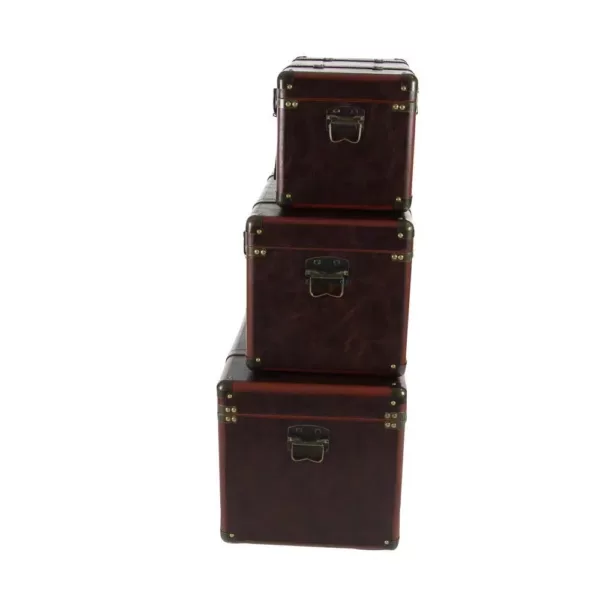 LITTON LANE Globetrotter Wood and Matte Brown Leather Case (Set of 3)