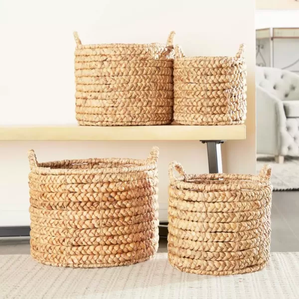 LITTON LANE Round Water Hyacinth and Metal Storage Wicker Baskets (Set of 4)